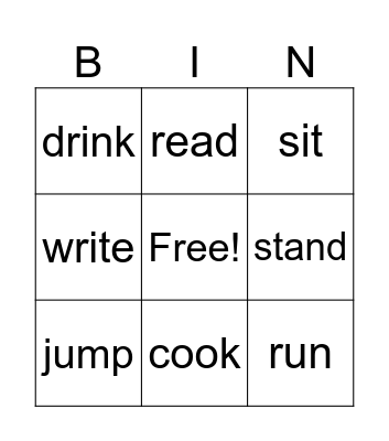Action words Bingo Card