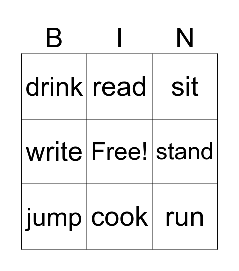 Action words Bingo Card