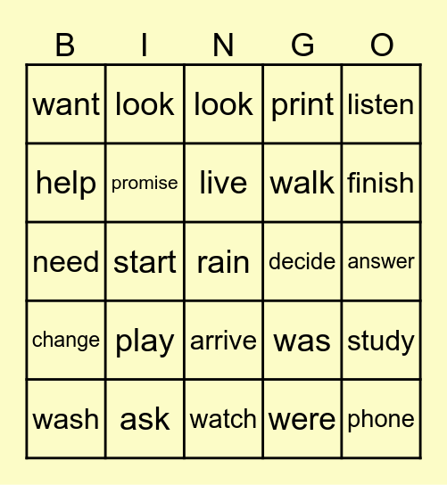 Simple Past To Be & Regular Verbs Bingo Card