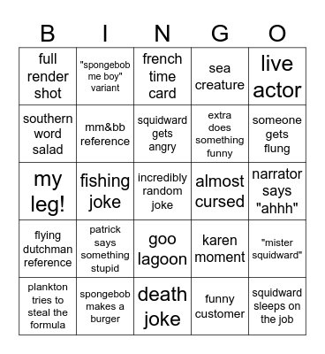 Spongebob Bingo Card