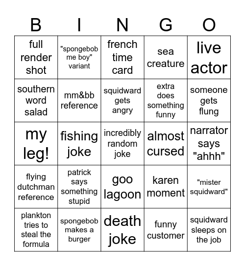 Spongebob Bingo Card