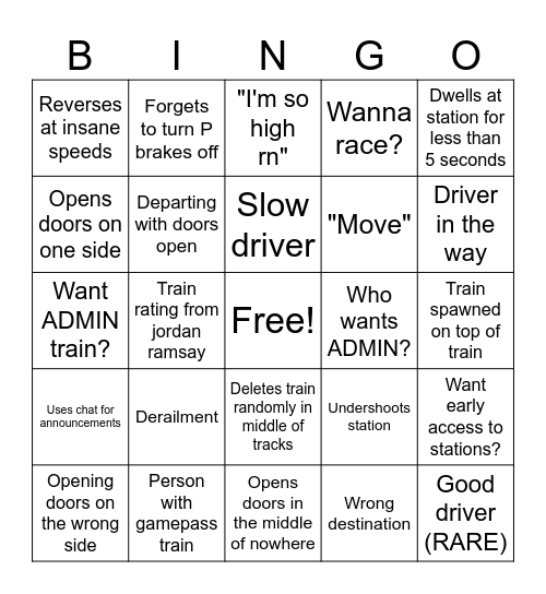 Skytrain Game Bingo Card