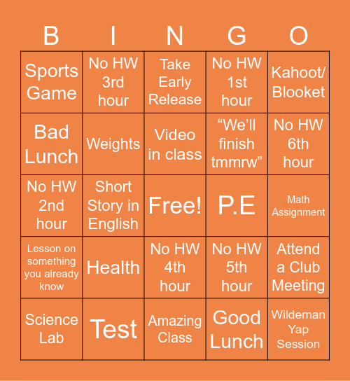 EHS Freshman Bingo Card