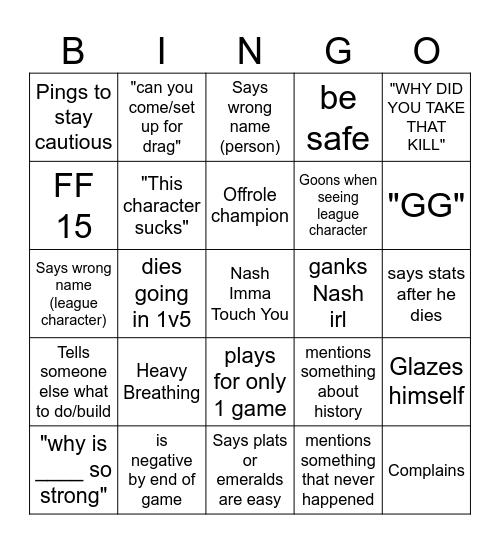 Lucus League Bingo Card