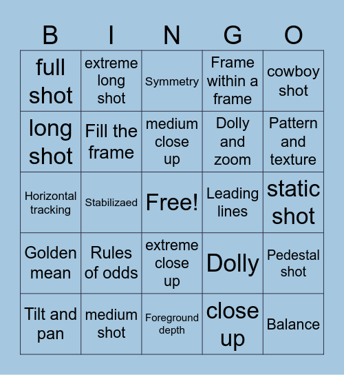 Film Style and Framing Bingo Card