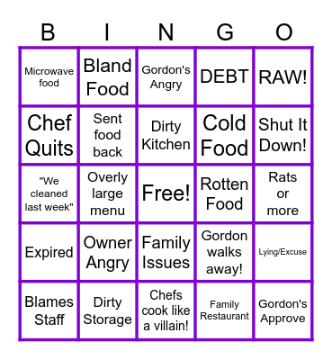 Kitchen Nightmare BINGO Card