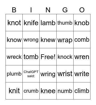 Lesson #98, Silent Letters Bingo Card