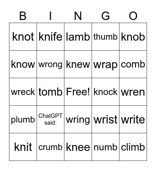 Lesson #98, Silent Letters Bingo Card