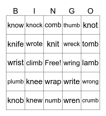 Lesson 98, Silent Letters: kn, wr, mb Bingo Card