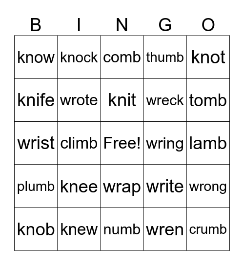 Lesson 98, Silent Letters: kn, wr, mb Bingo Card