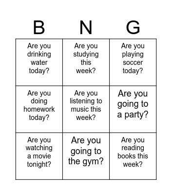 Present Continuous Bingo Card