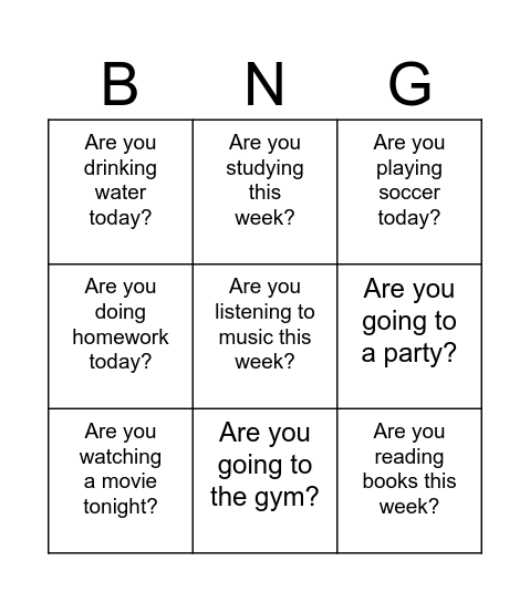 Present Continuous Bingo Card