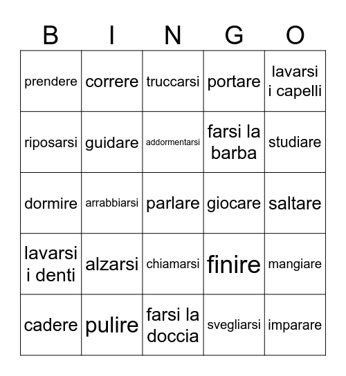 Reflexive verbs Bingo Card