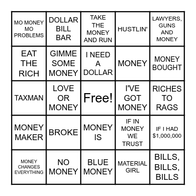 SONGS ABOUT MONEY Bingo Card