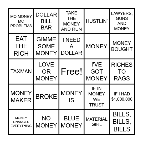 SONGS ABOUT MONEY Bingo Card