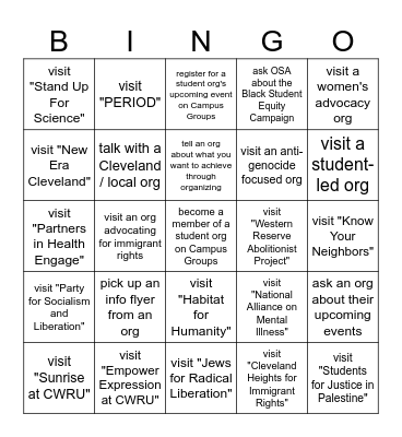 CWRU Organizing and Advocacy Fair Bingo Card