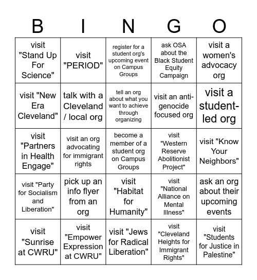 CWRU Organizing and Advocacy Fair Bingo Card