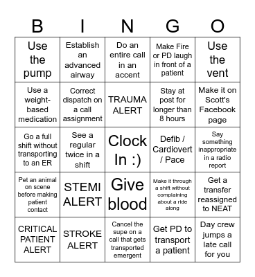 Ambulance Drivers Bingo Card