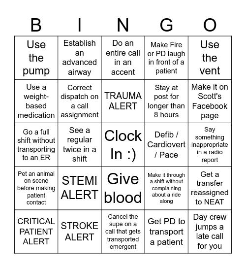 Ambulance Drivers Bingo Card