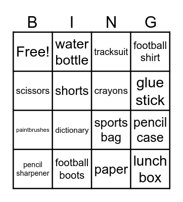 Things for school and Sports Clothes Bingo Card