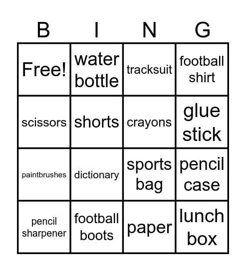 Things for school and Sports Clothes Bingo Card