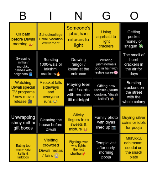 Diwali Nostalgia Bingo Card