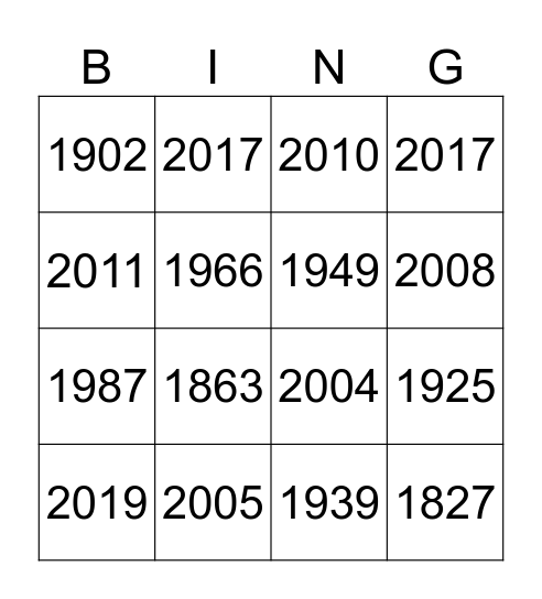 Years Bingo Card