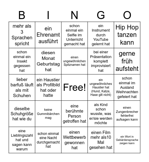 Finde jemanden der… Bingo Card