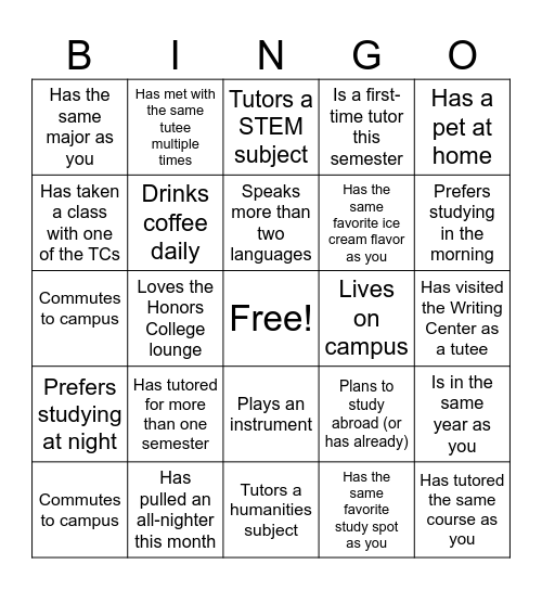 Peer Tutoring Program - Ice Cream Social Bingo Card