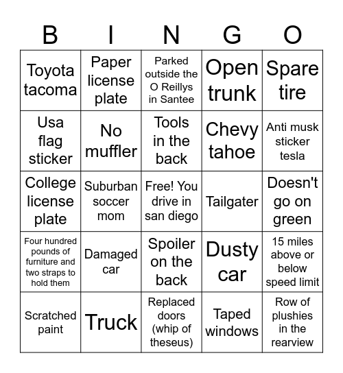 Bad Driver Bingo SD edition Bingo Card