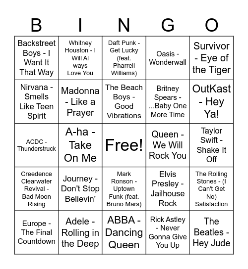 Musical BINGO Card