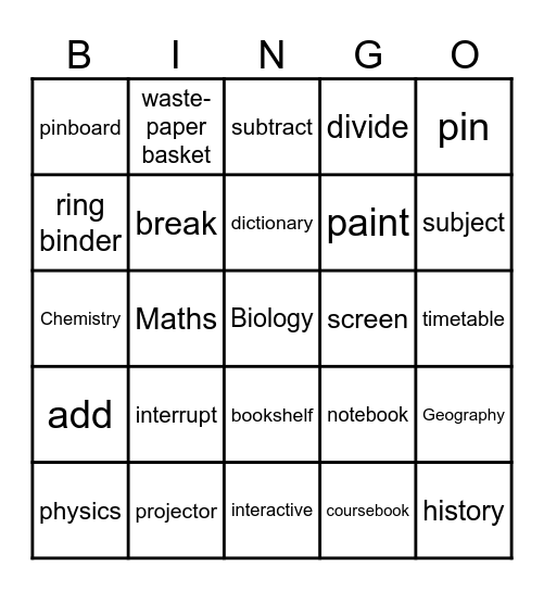 School  subjects and things Bingo Card