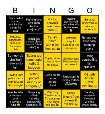 Diwali Nostalgia Bingo Card