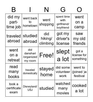 Summer Holidays Bingo Card