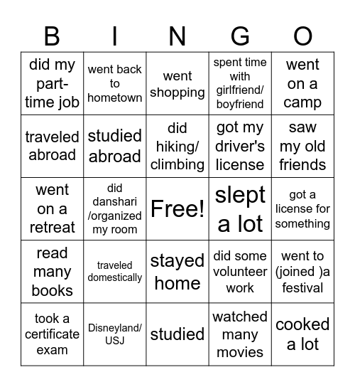 Summer Holidays Bingo Card