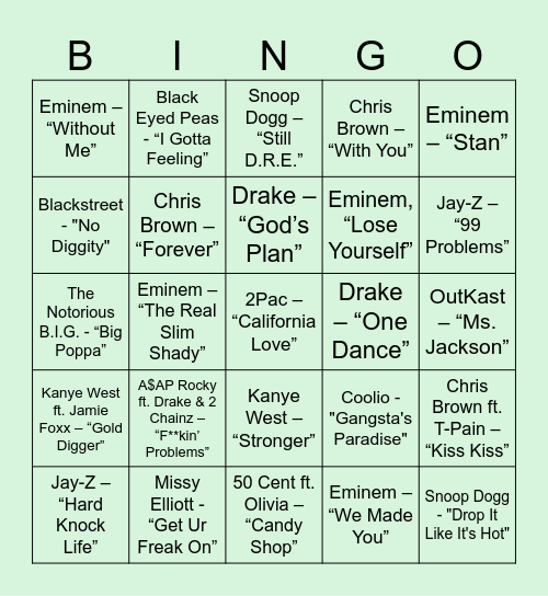 Hip Hop Bingo Card