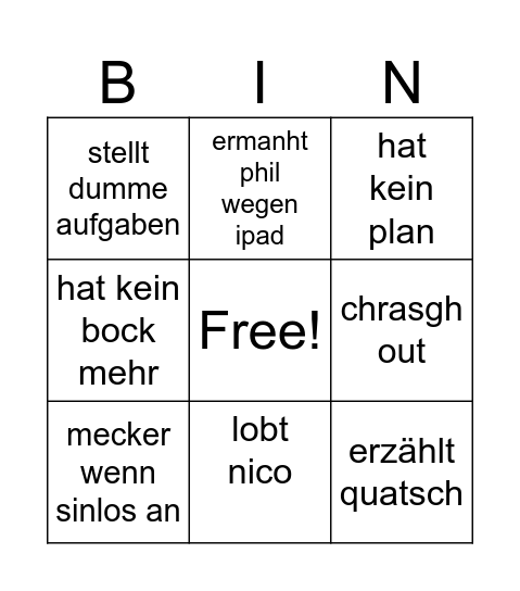 Frau witte Bingo Card