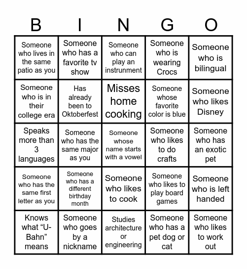 Speed Friending Bingo Card