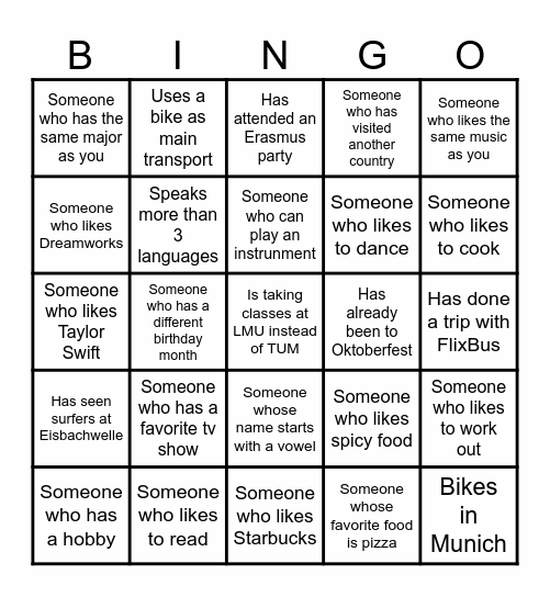 Speed Friending Bingo Card