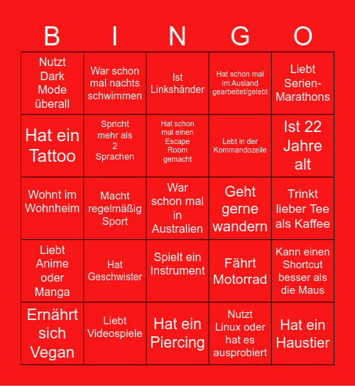 Suche Mitstudierende, die zu den Aussagen passen, und hake die Felder ab. Wer zuerst 5 Felder in einer Reihe (waagerecht, senkrecht oder diagonal) voll hat, ruft „Bingo“ – der Gewinn folgt Bingo Card