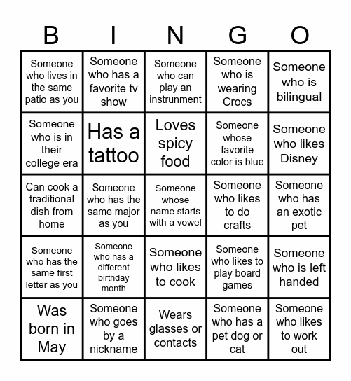 Speed Friending Bingo Card