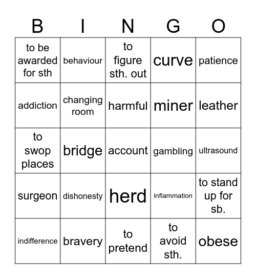 Vocabulary revision Bingo Card