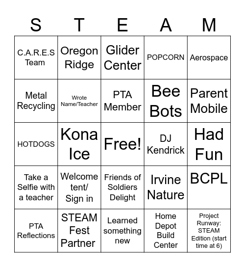STEAM night Bingo Card