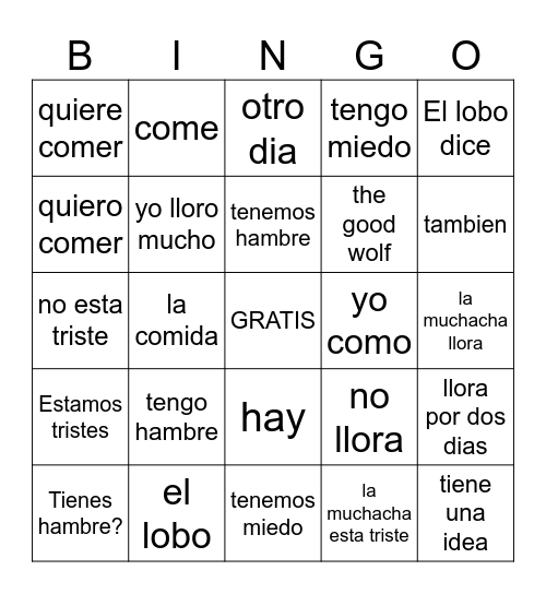 Beginning Unidad 10 Bingo Card