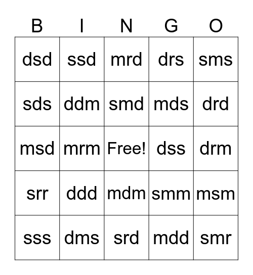 Solfege Bingo d r m s Bingo Card