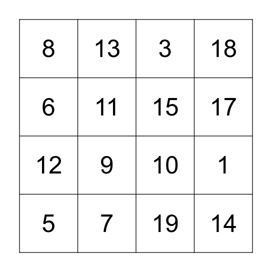 Numeros 1-20 Bingo Card