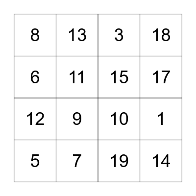 Numeros 1-20 Bingo Card