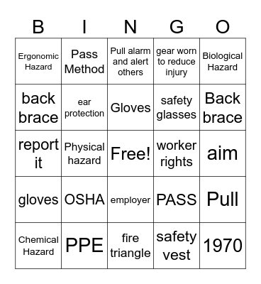 WorkPlace Safety Bingo Card