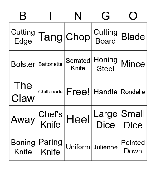 Knife Skills Bingo Card