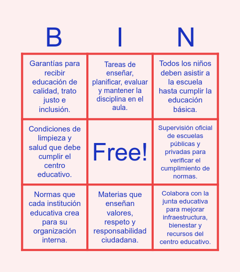Código de la Educación Bingo Card